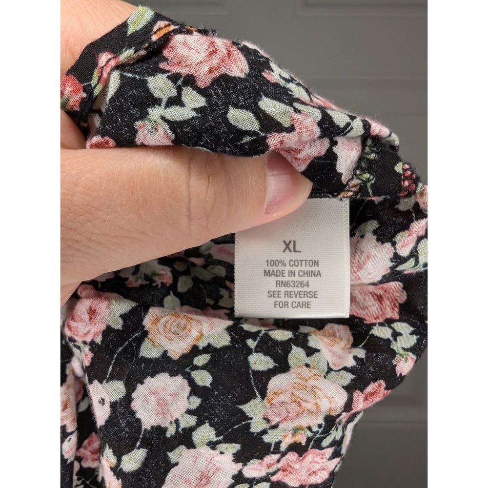 Dressbarn Black Pink Roses Ruffle Pleated Sleeveless Cotton Blouse Women's XL* - Picture 5 of 8